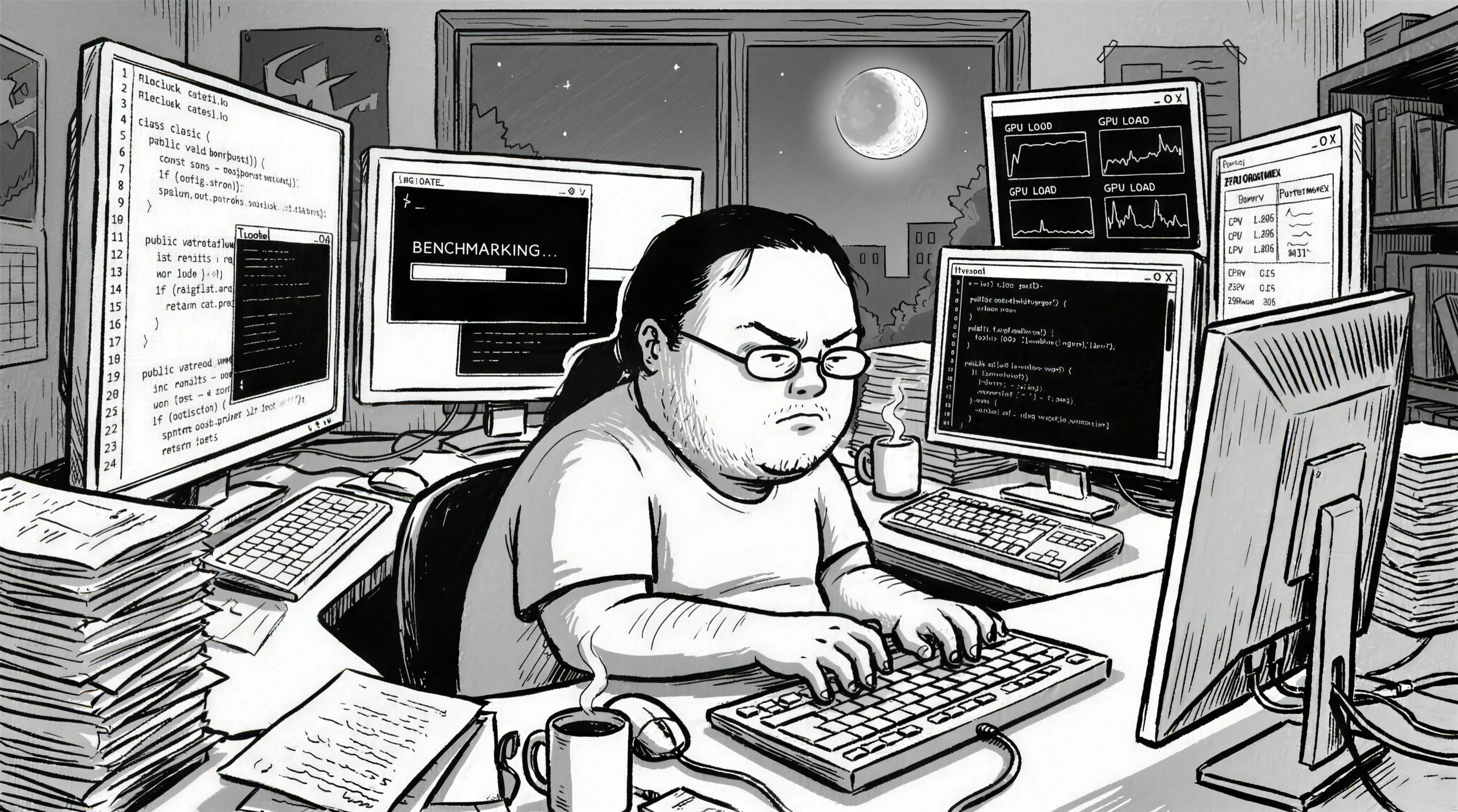 Black-and-white sketch of a long-haired senior developer with glasses, frowning at his keyboard in a room full of monitors at night. Each monitor opens a part of the site.